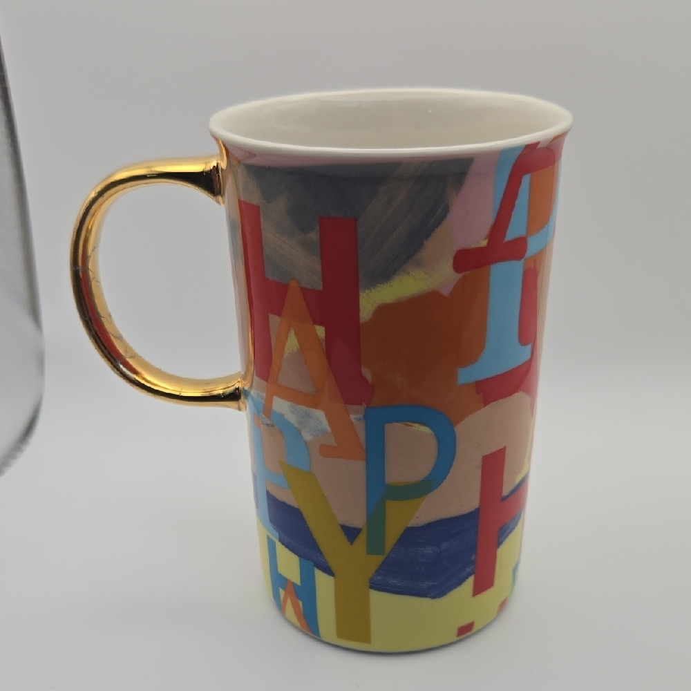 Anthropologie “Happy” Colorful Ceramic Mug w/ Gold Handle – 5 Inch